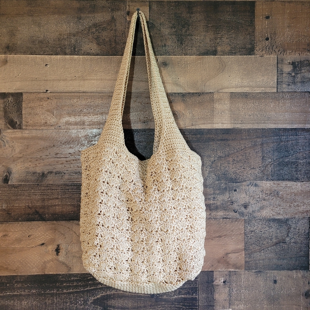 Croft & Barrow Crocheted Woven Shoulder Bag Beige Medium Seashell Boho 90"s Y2K